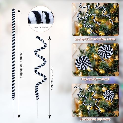 12 PCS Halloween Plant Stakes Sandworm Decorations 14Inch Black and White Christmas Tree Picks Woolen Curly Pick Floral Picks for Party Supply Crafts Ornament