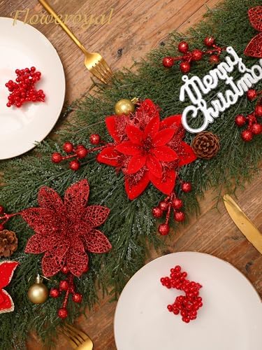 Floweroyal 30pcs Poinsettia Artificial Christmas Flowers Decorations with Clips and Berry Stems Glitter Ornaments for Christmas Tree Wreath Fireplace Stairs Decor (Red-3 Styles)