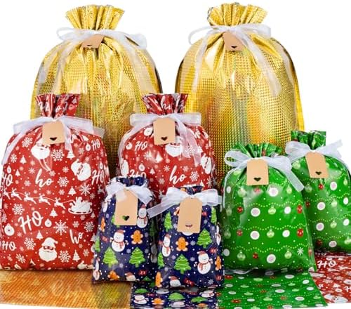 Asoulin Christmas Drawstring Gift Bags with Tags - 40 Pcs Christmas Gift Bag Assorted Size Large Medium Small Foil Gift Wrapping Bag for Birthday, Goodies, Xmas Holiday Party Favor Decoration Supplies