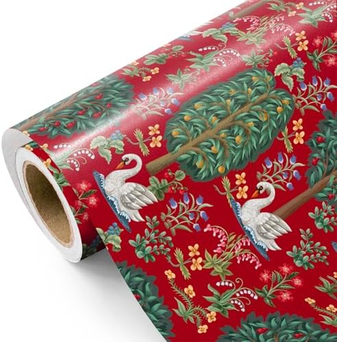 WRAPAHOLIC Vintage Christmas Wrapping Paper Roll - Mini Roll - 17 Inch x 16.5 Feet - Retro Christmas Wrapping Paper with Swan, Trees and Flowers in Middle Ages for Xmas Holiday, Party Celebration