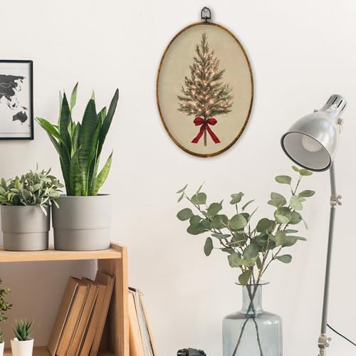 XPH Vintage Christmas Tree Oval Wall Art Framed, Rustic Coquette Red Bow Tree Oval Wall Decor, Farmhouse Cozy Christmas Hanging Canvas Prints for Home Bedroom Living Room Decoration, 8.6x11.4 Inch