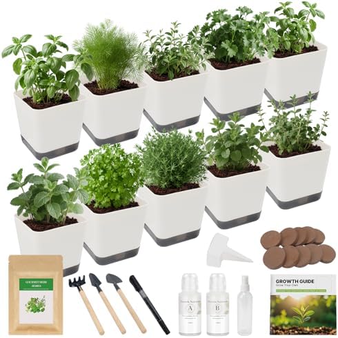 10-Set Indoor Herb Garden Starter Kit, 7 Seeds Growing into Basil, Parsley, Thyme, Mint, Cilantro, Dill, Oregano Including 10 White Pots, Markers, Nutritional Soil, Ideal Christmas Gifts for Women