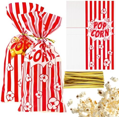 200 Pcs Popcorn Treat Bags, 10.6 * 5.1 inch Popcorn Bags with Twist Ties Plastic Popcorn Bags for Party Movie Night Carnival Halloween Christmas (2 Style)