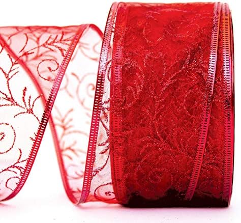Red Gift Ribbon Wired Christmas Wire Edged Ribbons 2.5 Inches Wide x 50 Yards for Xmas Tree Organza Sheer Glitter Gift Wrap, Crafts, Decor, Holiday Wrapping/Craft & Flowers Valentines Day Large Roll