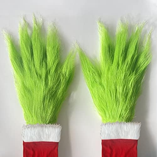 Green Furry Plush Gloves Adults and Kids, Christmas Santa Cosplay Costume Mask Props Green Hands Gloves
