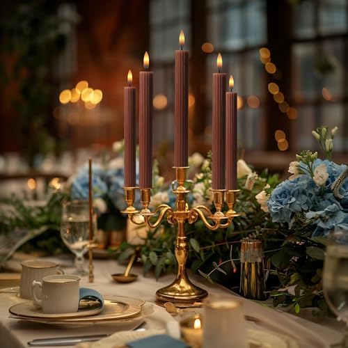 12 Pack, 10" LED Flameless Brown Tan Fluted Ribbed Grooved Taper Candles w/ 2 Remotes & 24h Timer Memory, On/Off Button, Dimmable, Flicker Mode, Battery Operated, Christmas Menorah Wedding