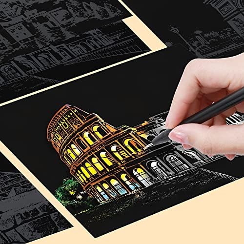 12 Sheets Scratch Painting Rainbow Paper, Sketch Pads DIY Art Craft City Series Night View Scratchboard Craft Art Kits with 6 Tools for Adults Kids Halloween Christmas(7.8 X 5.5 Inches(Style A))