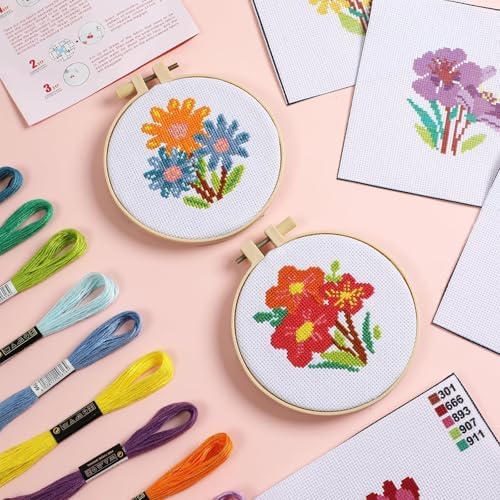 ZOIIWA 6PCS Fall Themed Flower Cross Sewing Kits for Beginners Flower DIY Embroidery Kit for Kids Adults Party Birthday Christmas Gift Needlepoint Patterns with 2 Embroidery Hoops Craft Supplies