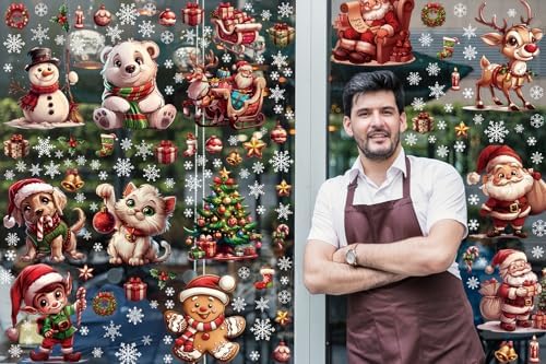 12 Sheets 171 Pcs Big Size Christmas Window Clings - Santa, Reindeer, Dog & Cat Window Stickers & Decals for Home, School, Office & Party Supplies