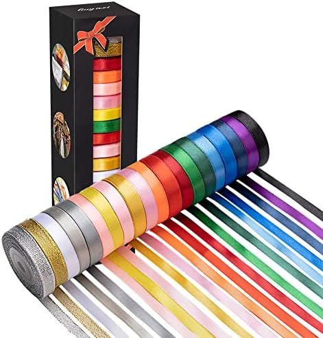 20 Colors 300 Yard Double Faced Rainbow Satin Ribbon -18 Ribbon Rolls & 2 Glitter Metallic Ribbon,3/8" X 15 Yard/Roll,Perfect for Christmas Gift Wrapping,Hair Bows & Other Craft Projects
