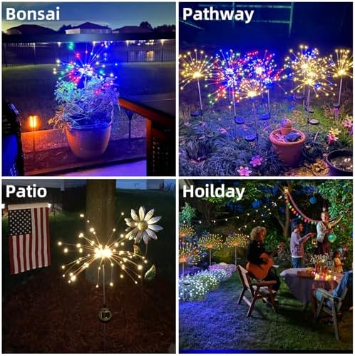 2 PCS Solar Firework Light, Outdoor Solar Garden Decorative Lights 120 LED Powered 40 Copper Wires String DIY Landscape Light for Walkway Pathway Backyard Christmas Decoration Parties (Warm White)