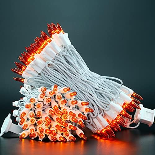 YULETIME 200 Orange Christmas Lights, Pack of 2 Sets 33 Feet 100 Count UL Certified Incandescent String Lights (Orange - White Wire)