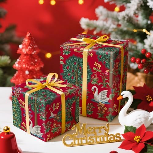 WRAPAHOLIC Vintage Christmas Wrapping Paper Roll - Mini Roll - 17 Inch x 16.5 Feet - Retro Christmas Wrapping Paper with Swan, Trees and Flowers in Middle Ages for Xmas Holiday, Party Celebration