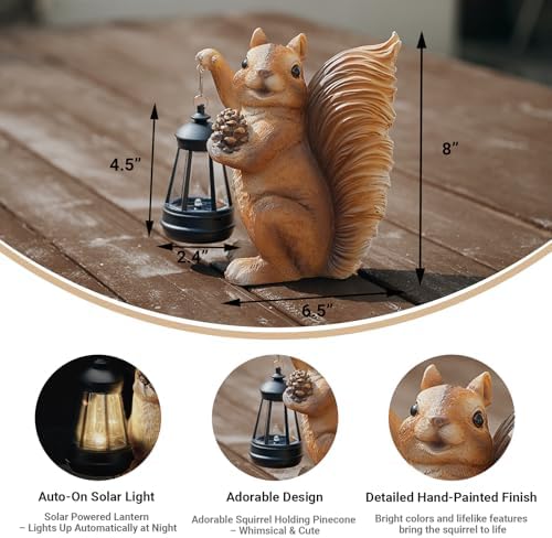 Solar Squirrel Garden Statue Outdoor Decor, Squirrel Sculpture with Lantern for Yard Lawn Patio Balcony, Christmas Birthday Housewarming Gifts for Mom, Grandma, Women, Brown,Resin