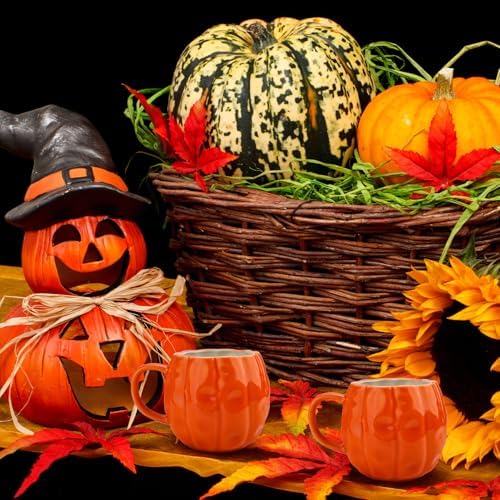 2pcs Pumpkin Mugs - 17 oz Large Fall Coffee Mugs - Ceramic Pumpkin Mugs for Cappuccino Coffee Latte Drinkings - Women Men Thanksgiving Christmas Gift