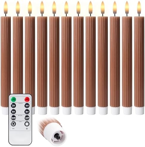12 Pack, 10" LED Flameless Brown Tan Fluted Ribbed Grooved Taper Candles w/ 2 Remotes & 24h Timer Memory, On/Off Button, Dimmable, Flicker Mode, Battery Operated, Christmas Menorah Wedding