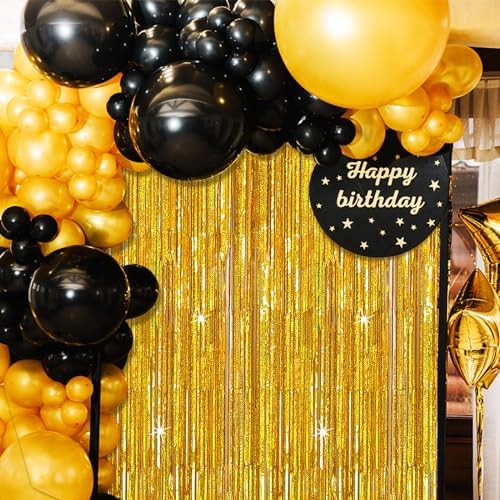 3 Pack Gold Backdrop Birthday Decorations Foil Curtain Backdrop Gold Streamers Dance Party Decorations Photo Booth Props for Bachelorette Decorations Christmas Halloween New Years Eve Party Supplies