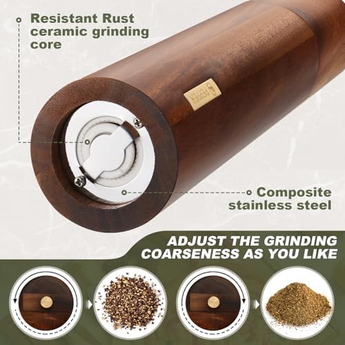 Wooden Salt and Pepper Grinder Set 8 Inch Manual Salt and Pepper Mill with Tray Adjustable Coarseness Refillable Wood Grinders with Gold Bottle Label for Kitchen Christmas Home Gift(Wood Color)