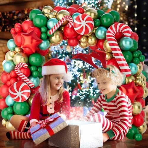 Christmas Balloon Arch Kit, 150Pcs Red Green Gold Balloon Garland with Candy Cane Balloons Red Star Balloons for Christmas Party Decorations, Xmas Decorations for Indoors