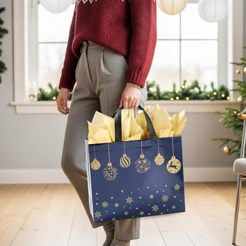 YANGTE 16 Pack 13" Large Christmas Gift Bags With Tissue Paper, Reusable 4 Unique Designs Christmas Bags with Handle for Gifts Wrapping Shopping Xmas Party Supplies(13" x 11" x 5")