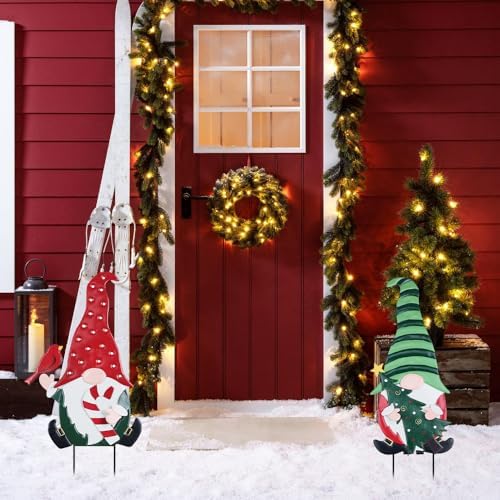 YEAHOME Outdoor Christmas Decorations, 2 Pack Gnomes Decorative Garden Stakes for Christmas Decor, Metal Yard Signs Xmas Decorations for Outside Garden Yard Lawn Porch Holiday Party