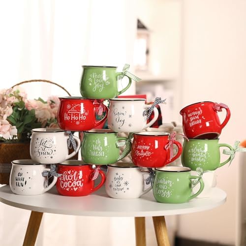 Zubebe Christmas Coffee Mugs Set of 12, 12 oz Hot Cocoa Ceramic Holiday Mugs Set for Mom, Woman, Family, Friend - Farmhouse Tiered Tray Decor, Coffee Bar Decor(Red, Green, White)