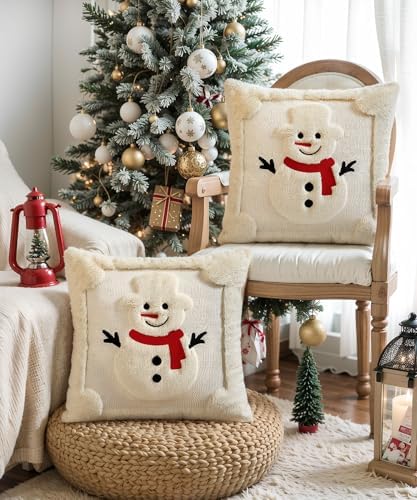 Christmas Pillow Covers 18x18 Set of 2 Decorative Soft Plush Faux Rabbit Fur Christmas Snowman Pillow Covers Beige 3D Embroidered Couch Cover Sofa Bedroom Living Room Holiday Winter Home Decor