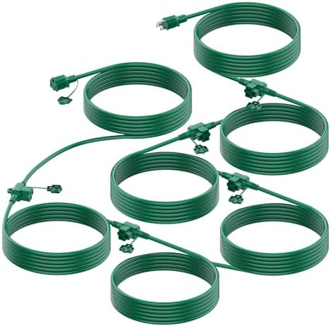 Outdoor Extension Cord Multiple Outlet, 50 Ft Christmas Light Extension Cord Evenly Spaced 6 Outlets Plugs with Safety Cover, 16/3 SJTW Green Extension Cord Outdoor Waterproof