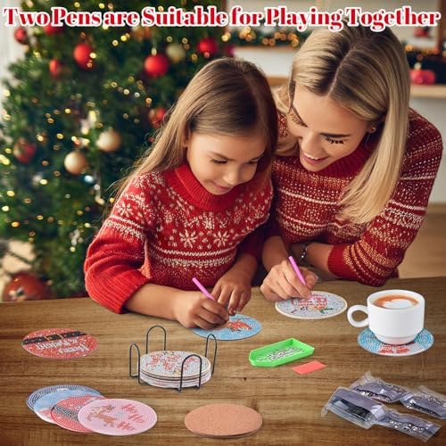 Diamond Art Christmas Coasters 12 Pcs Christmas Diamond Painting Kits,5D DIY Art Painting Coasters Supplies for Beginners Kids,Christmas Crafts for Adults Anti-Slip Diamond dotz with Holder