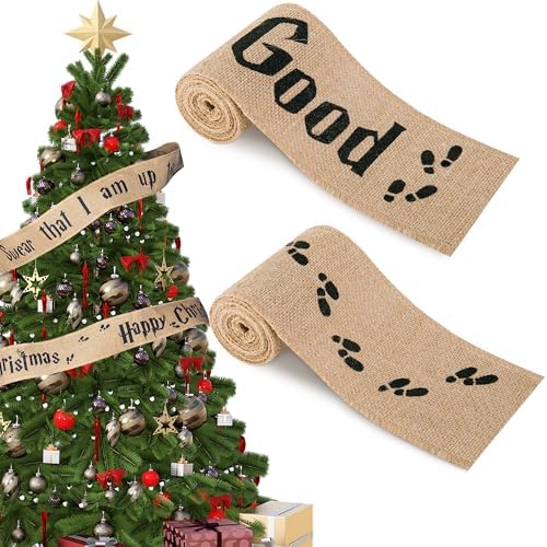 2 Pcs 62''x 4'' Christmas Tree Burlap Ribbon Garland, Wizard Burlap Ribbon Tree Decoration, Xmas Rustic Burlaps Ribbon Decor for Christmas Winding Hanging Home DIY Craft
