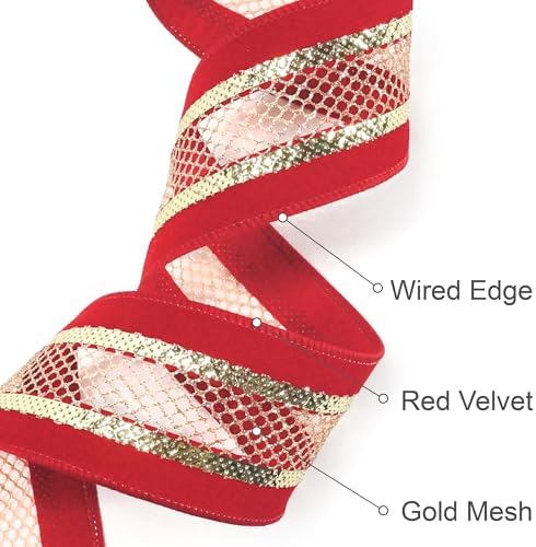 2.5" Red Velvet Gold Mesh Wired Ribbon 10Yards for Christmas Wedding Wreath Gift Wrapping Home Décor DIY
