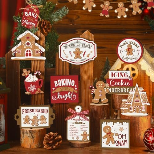 17 Pcs Christmas Tiered Tray Decor Set Winter Tiered Tray Decorations Farmhouse Tabletop Centerpiece Christmas Wooden 3D Sign for Xmas Home Buffalo Plaid Rustic Table Decoration(Gingerbread)
