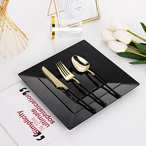 100 Pack Black Plastic Square Dessert Plates, 6.5" Disposable Salad Plates Heavy Duty Plates for Party, Wedding, Christmas, Easter