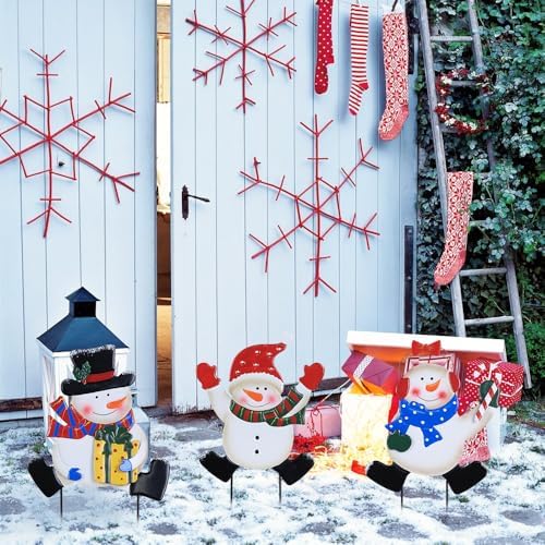 YEAHOME Outdoor Christmas Decorations, Stacked 3 Snowman Decorative Garden Stakes for Christmas Decor, Metal Yard Signs Xmas Decorations for Outside Garden Yard Lawn Porch Holiday Party