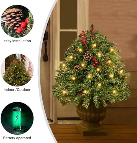 2 Pack Lighted Artificial Christmas Urn Filler 23 Inch, Battery Operated Pre-lit Mini Xmas Trees, Tripod Stake and LED Lights Christmas Porch Decorations