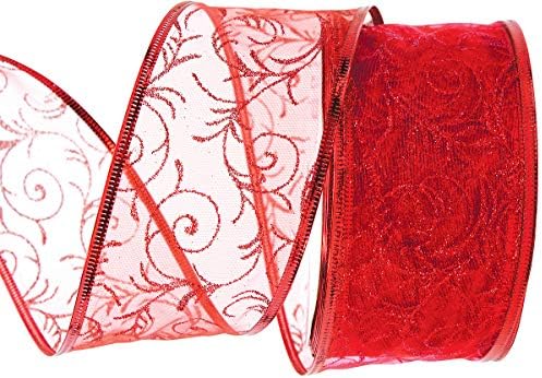 Red Gift Ribbon Wired Christmas Wire Edged Ribbons 2.5 Inches Wide x 50 Yards for Xmas Tree Organza Sheer Glitter Gift Wrap, Crafts, Decor, Holiday Wrapping/Craft & Flowers Valentines Day Large Roll