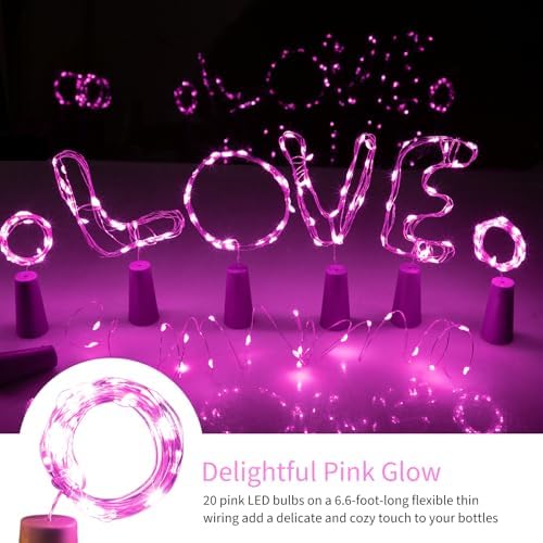 Brightown Valentine's Day Wine Bottle Lights with Cork - 10 Pack 7ft 20 LED Battery Operated Cork Lights, Waterproof Silver Wire Mini Fairy Lights for Liquor Bottles DIY Romantic Wedding Décor, Pink