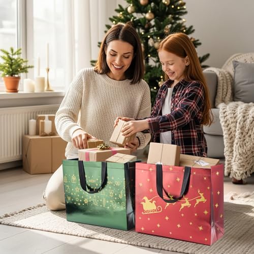 YANGTE 16 Pack 13" Large Christmas Gift Bags With Tissue Paper, Reusable 4 Unique Designs Christmas Bags with Handle for Gifts Wrapping Shopping Xmas Party Supplies(13" x 11" x 5")