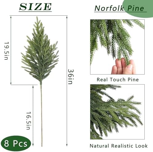 Real Touch Norfolk Pine Branch - 36" Artificial Christmas Green Plants Branches Faux Greenery Stem Fake Pine Picks for DIY Crafts Garland Wreath Xmas Indoor Outdoor Home Decor (8 Pcs)