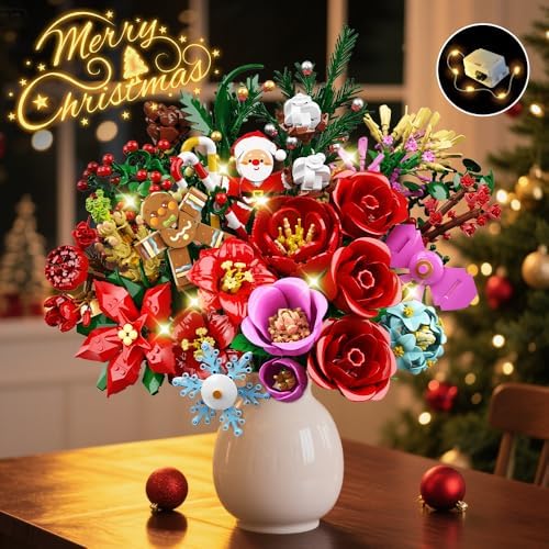 CUBIMANA 25 Pack Christmas Flower Bouquet Building Set with Light - Flowers Botanical Collection Rose Santa Gingerbread Man Artificial Plant Home Decor Party Favor Christmas Gifts for Adults Kids 12+