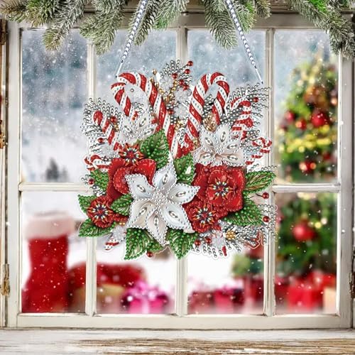 Christmas Diamond Art Hanging Kits for Adults, Special Shaped Diamond Painting,Double Sided 5D DIY Acrylic Diamond Art Painting Window Pendants Home Garden Wall Hanging Kits Cane candy wreath Ornament