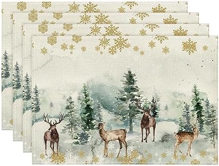 Artoid Mode Watercolor Deer Trees Snowflakes Christmas Placemats for Dining Table, 12 x 18 Inch Seasonal Winter Xmas Holiday Rustic Vintage Thanksgiving Washable Table Mats Set of 4