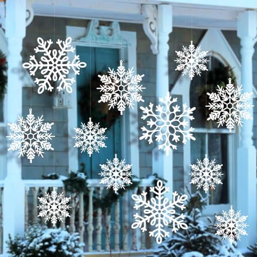 12pcs Large Christmas Hanging Snowflakes Decorations Outdoor - White Big Hanging Snowflake in Different Sizes for Winter Decoration Indoor Outdoor Christmas Tree Holiday Decor