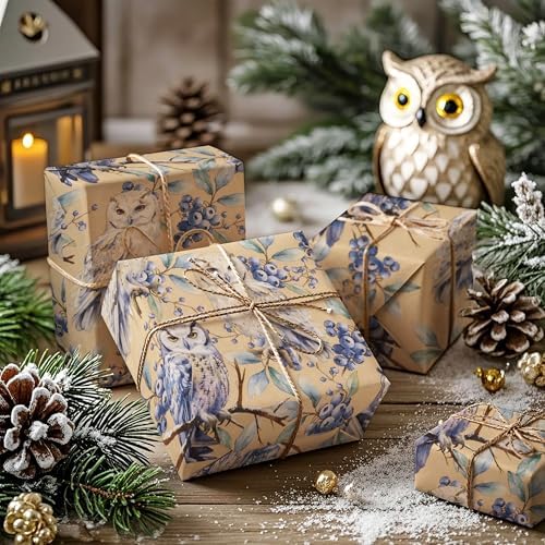 WRAPAHOLIC 30 Inch Jumbo Kraft Christmas Wrapping Paper - 30 Inch x 33 Feet - Owl Wrapping Paper Wild Animal Winterfall Watercolor Design for Christmas, Holiday, Party Celebration