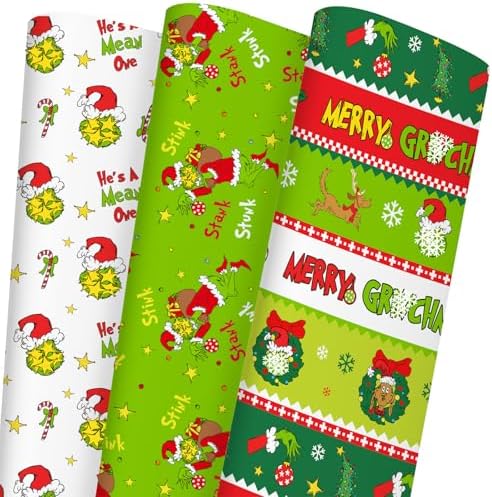 Funny Christmas Wrapping Paper Roll, 3 Rolls Holiday Gift Wrap Papers, Cartoon Green Red Xmas Wrapping Papers Party Supplies, Christmas Paper for DIY Birthday New Year Gift Packing Decor, 17x120 Inch