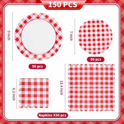 150Pcs Gingham Party Supplies Red Gingham Paper Plates and Napkins Red Plaid Party Plates Disposable Red and White Checkered Plates for Christmas Birthday Family Picnic，Serves 50
