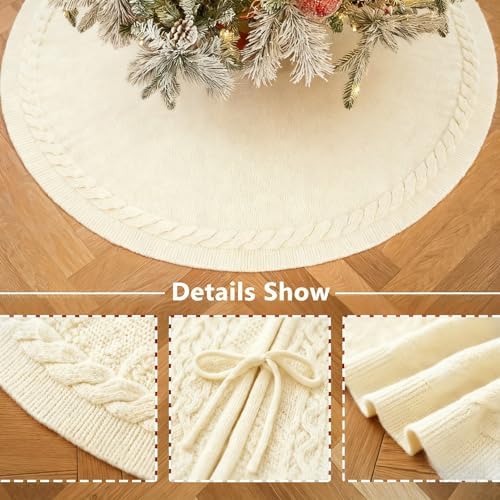 36 Inch White Knitted Christmas Tree Skirt: Small Thick Cable Knit Round Cream Tree Skirt for 4-6FT Tree Rustic Neutral Farmhouse Christmas Tree Decorations Tree Base Cover
