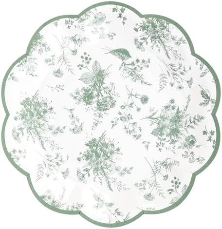 Sage Green Floral Leaf Disposable Paper Plates - Wildflower Green Toile 7" Scalloped Rim Dessert Plates for Christmas, Birthday, Bridal & Tea Parties (48)