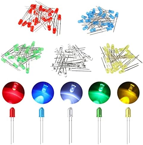 100 Pcs Led Diodes, YIWANSON Mini 3mm Clear Light Emitting Diode Assortment Micro Red Green Blue Yellow White Lamp Electronic Project Kit, for Science Experiment, Circuit Board, Christmas Lights