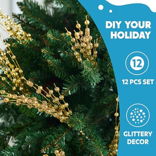 JOIEDOMI 12 Pcs Christmas Gold Glitter Berry Stems, 17'' Christmas Tree DIY Picks Branches, Gold Xmas Wreath Ornaments Glitter Twigs, Artificial Decorative Sticks for Party Home Wedding Holiday Decor